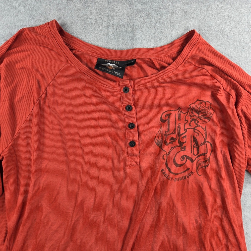 Harley-Davidson Henley Top Womens 2XL Orange Long Sleeve Ribbed Rose Graphic